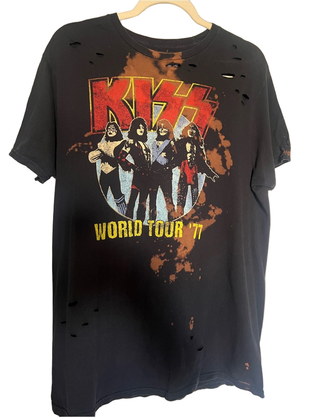 Kiss World Tour ‘77 Unisex Upcycled Bleached Grunge Band T-Shirt - Size Large